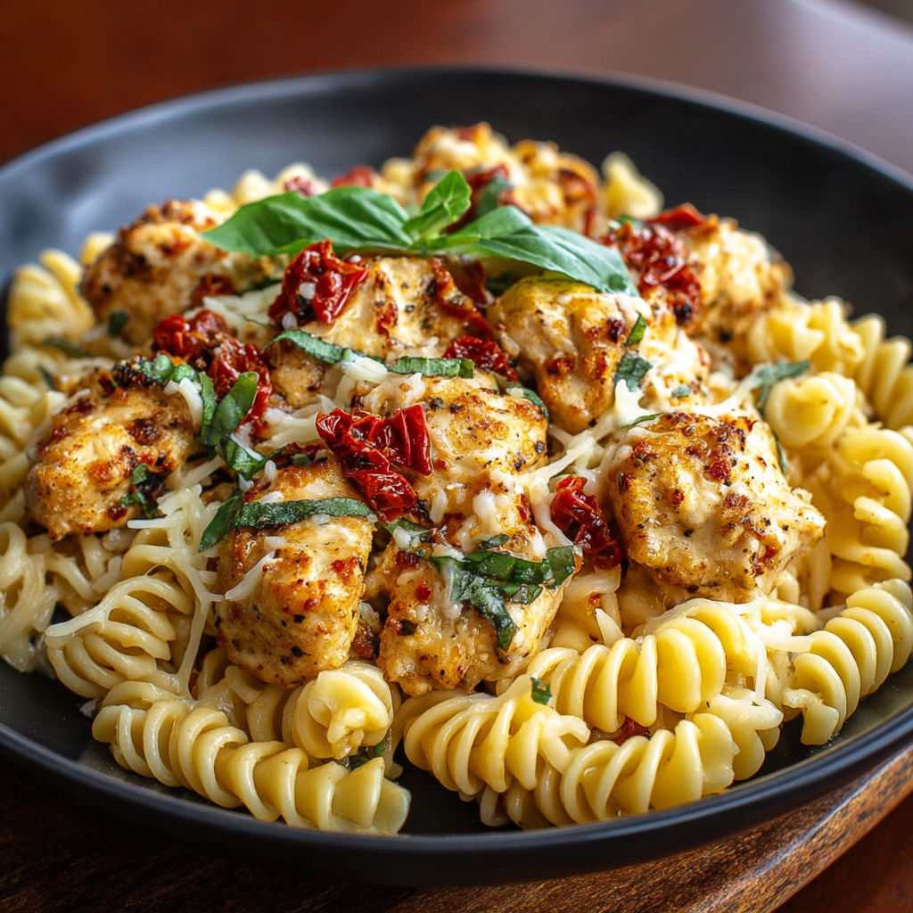 A plate of Cheesy Tuscan Chicken Sun-Dried Rotini.