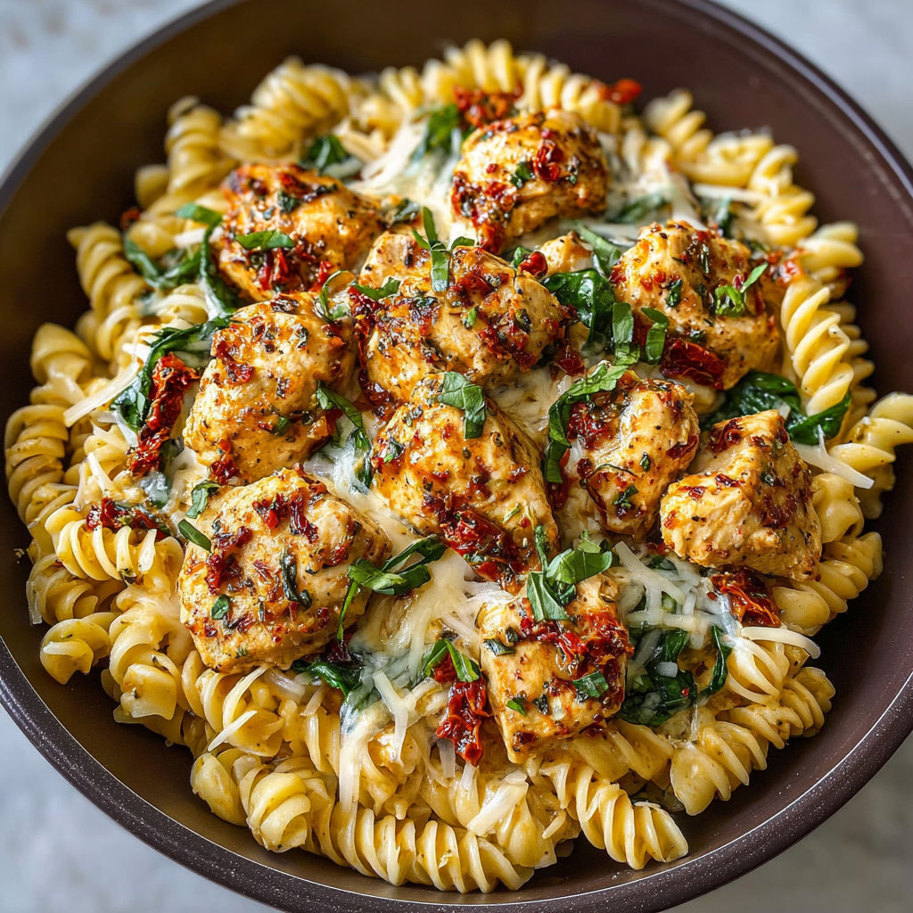 A bowl of pasta with chicken and vegetables, including broccoli and spinach, is served in a brown bowl.