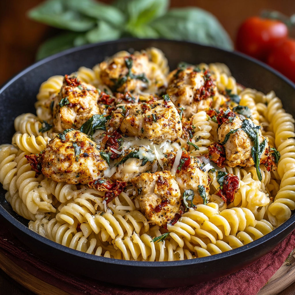 A plate of pasta with chicken and spinach.