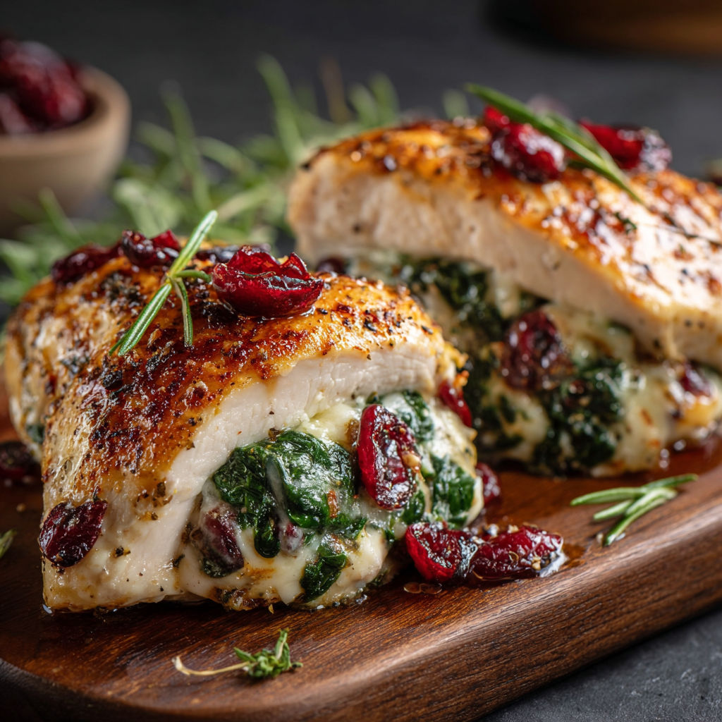 A delicious meal of chicken with greens and cherries.