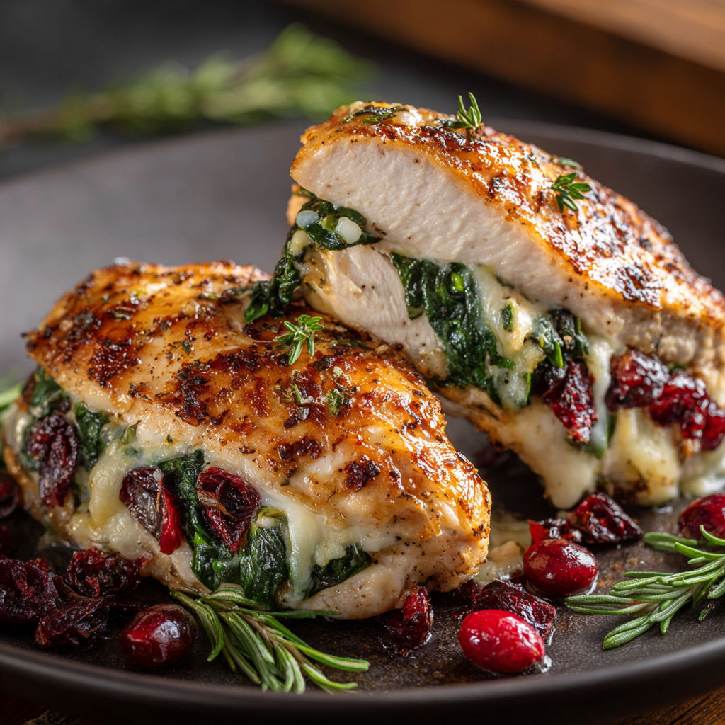 A plate of chicken with greens and berries on top, possibly a spin on a traditional chicken dish.