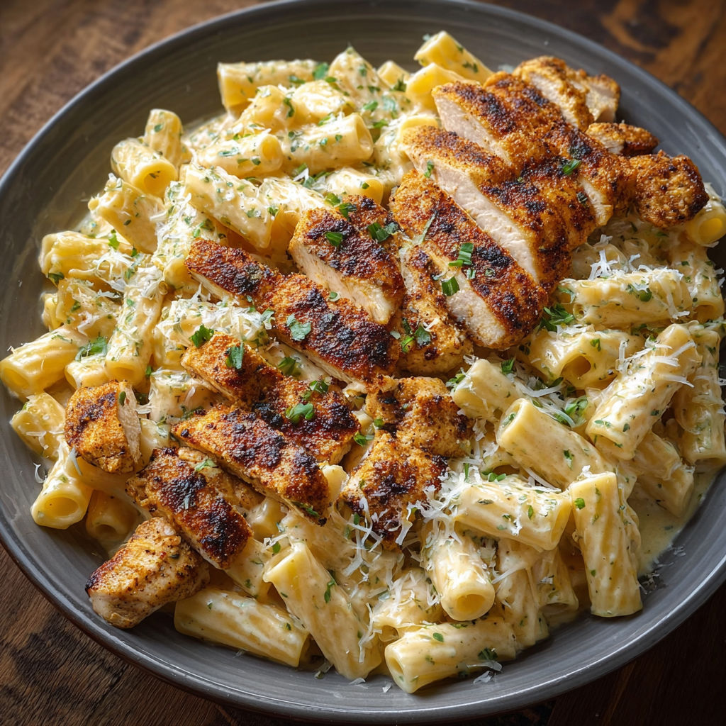 A bowl of pasta with chicken and cheese on top.