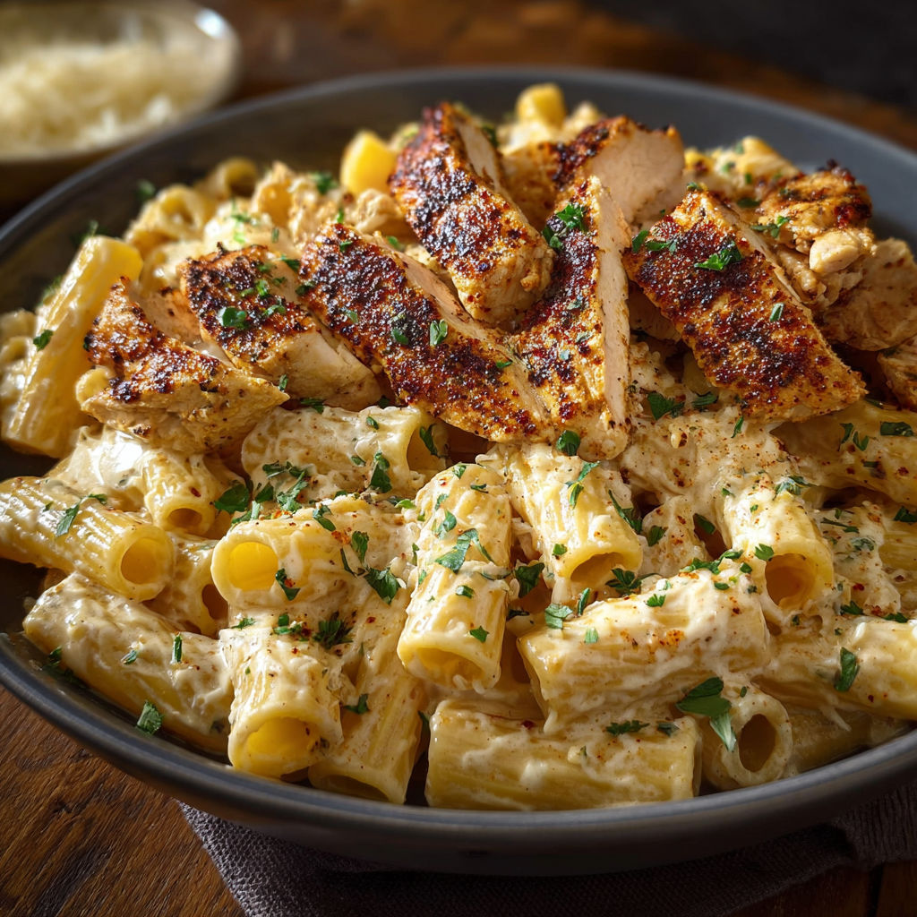 A bowl of pasta with chicken and cheese, possibly a chicken Alfredo dish.