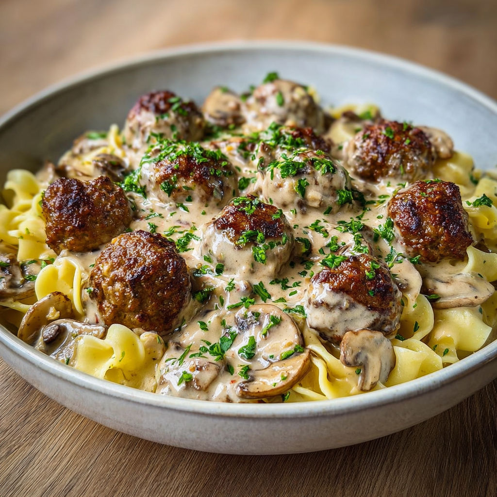 A delicious bowl of meatball stroganoff with a creamy sauce.