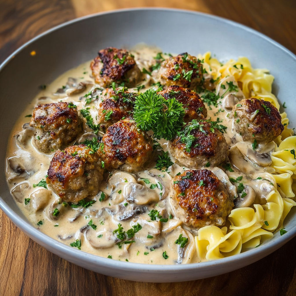 A bowl of pasta with meatballs and mushrooms, served with a side of noodles.