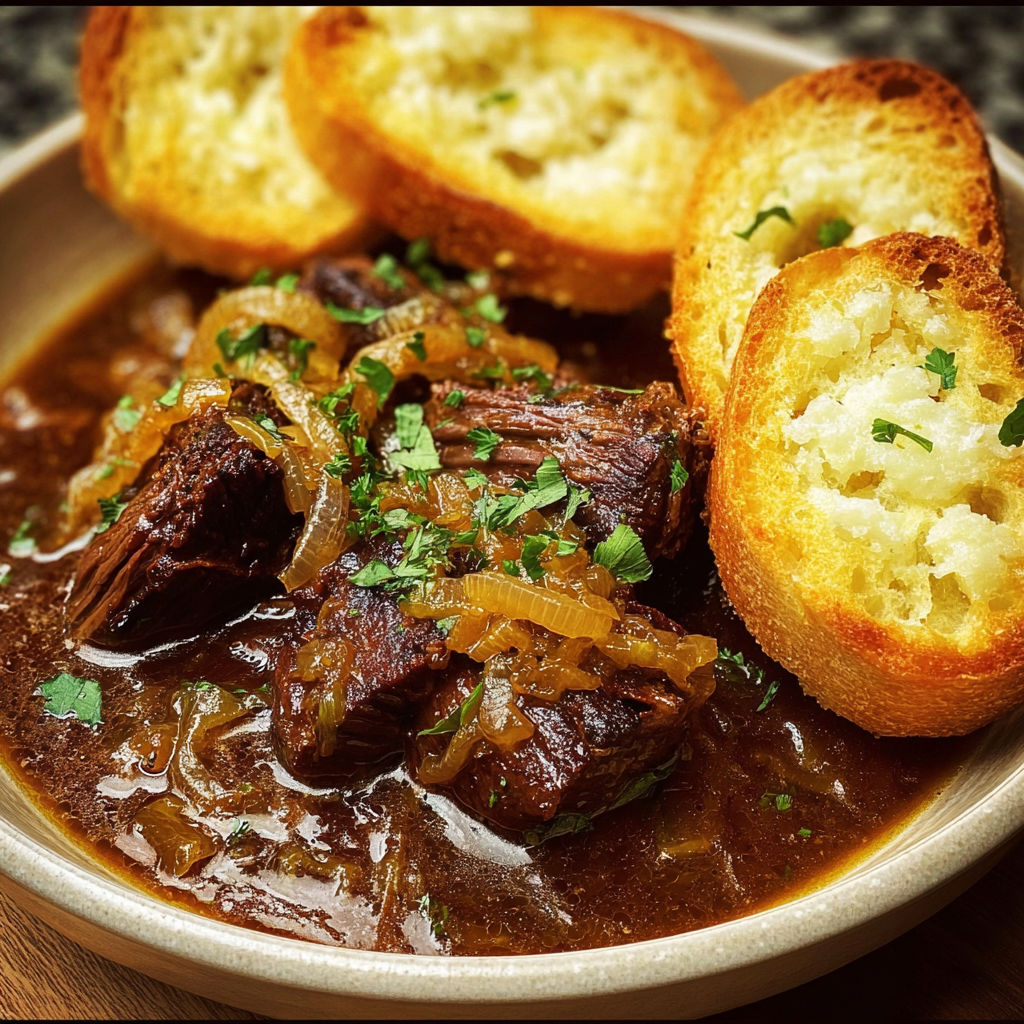 A bowl of beef stew with bread on the side.