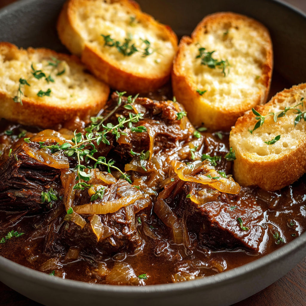 A bowl of beef stew with onions and bread.