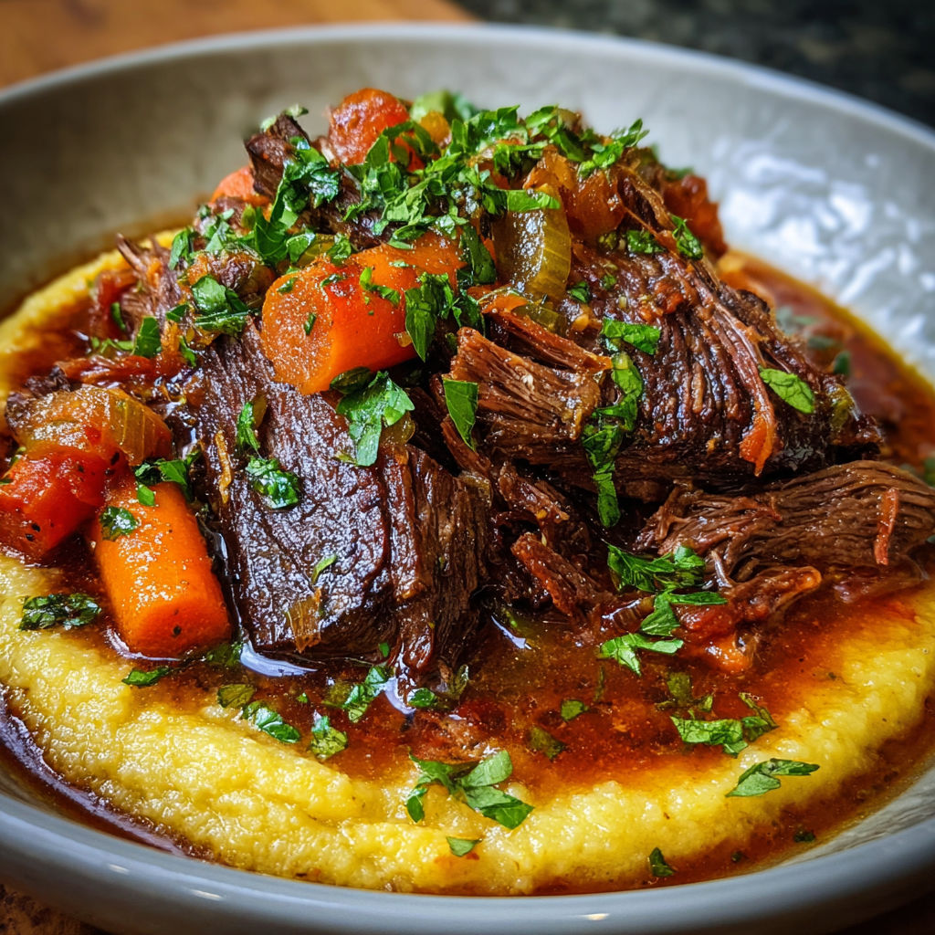 A delicious Stracotto dish, featuring a pot roast with vegetables and herbs, served in a bowl.