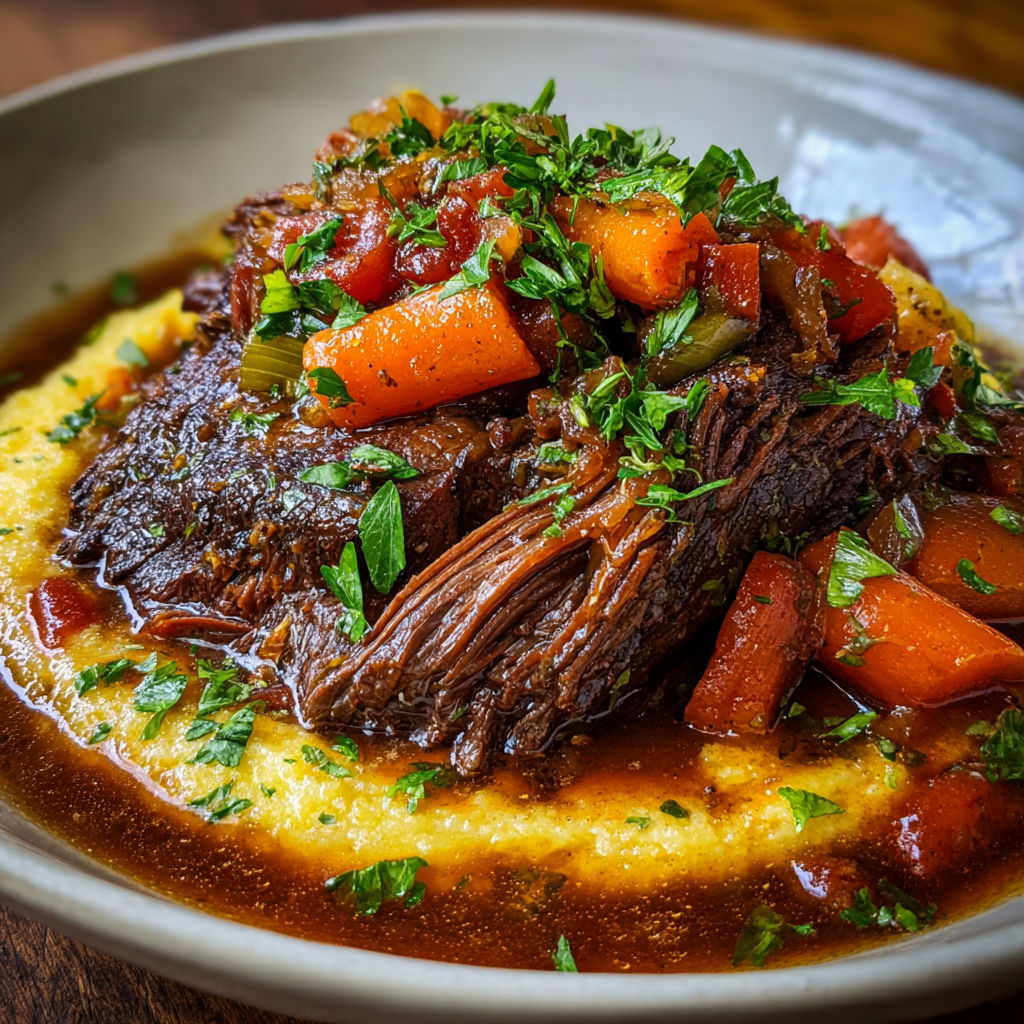 A delicious beef stew with carrots and onions, served on a bed of mashed potatoes.