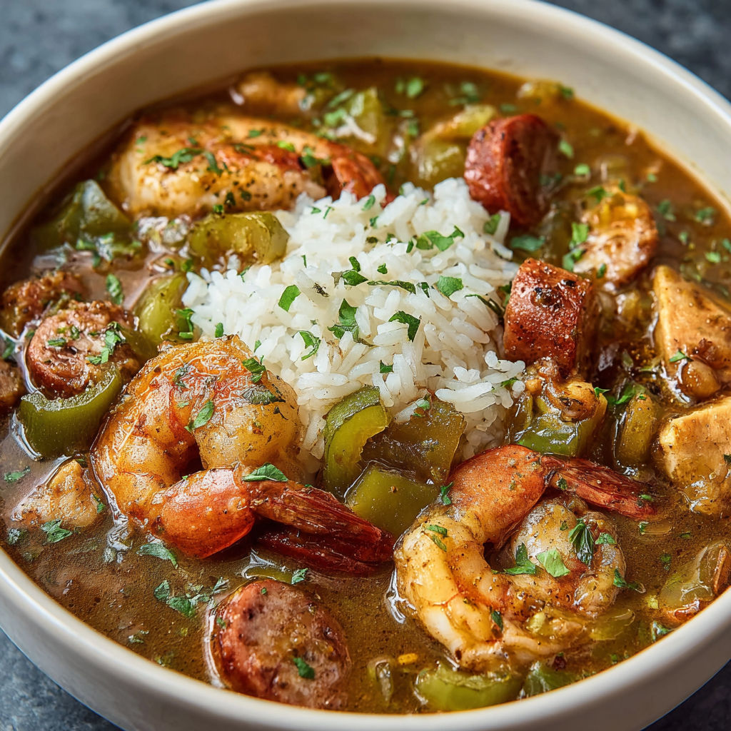 A bowl of gumbo soup with shrimp, rice, and vegetables.