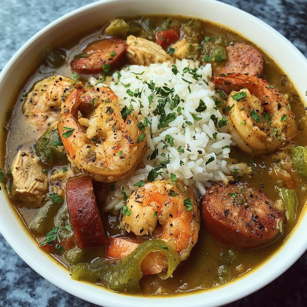 A bowl of shrimp and rice garnished with parsley and green onions.