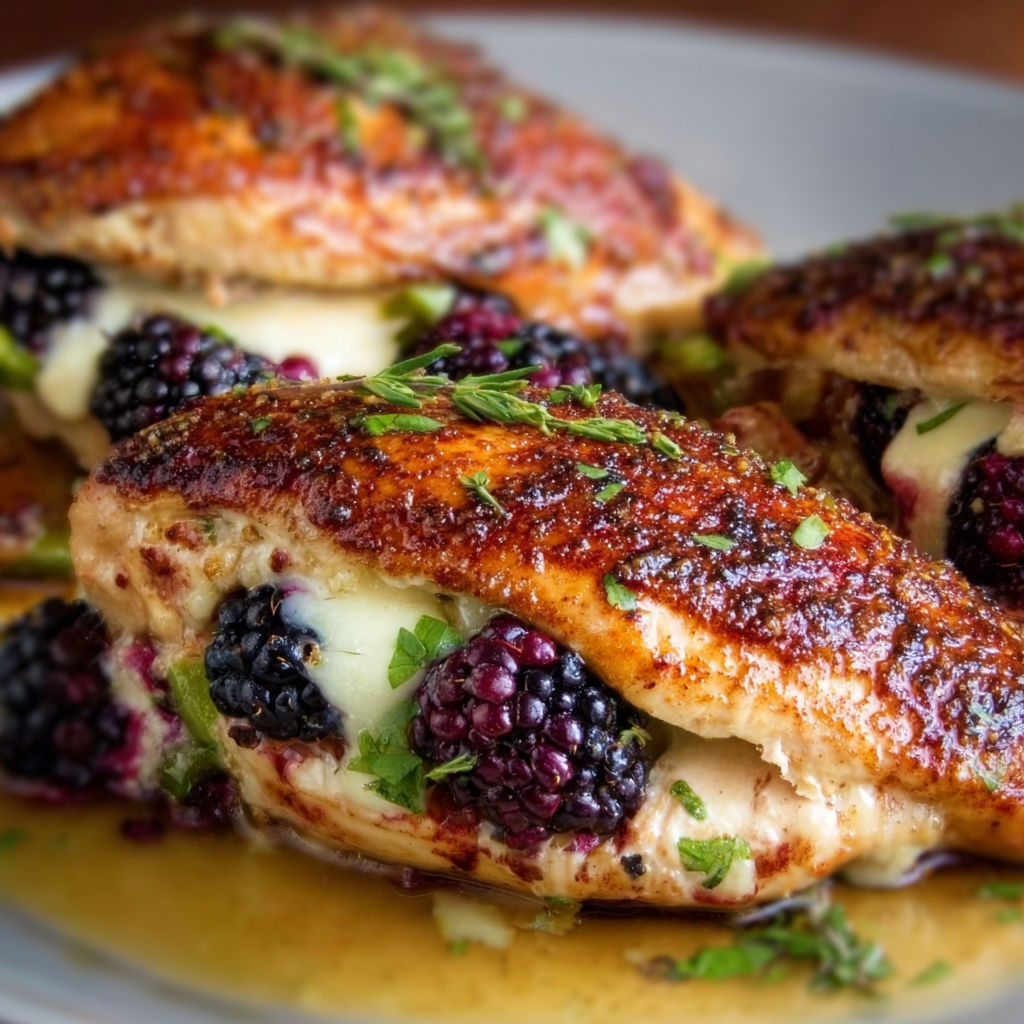 A plate of chicken with blackberries and jalapenos stuffed inside, drizzled with a sauce.