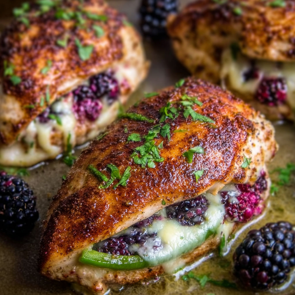 A close up of a delicious Melty Blackberry Jalapeno Stuffed Chicken.