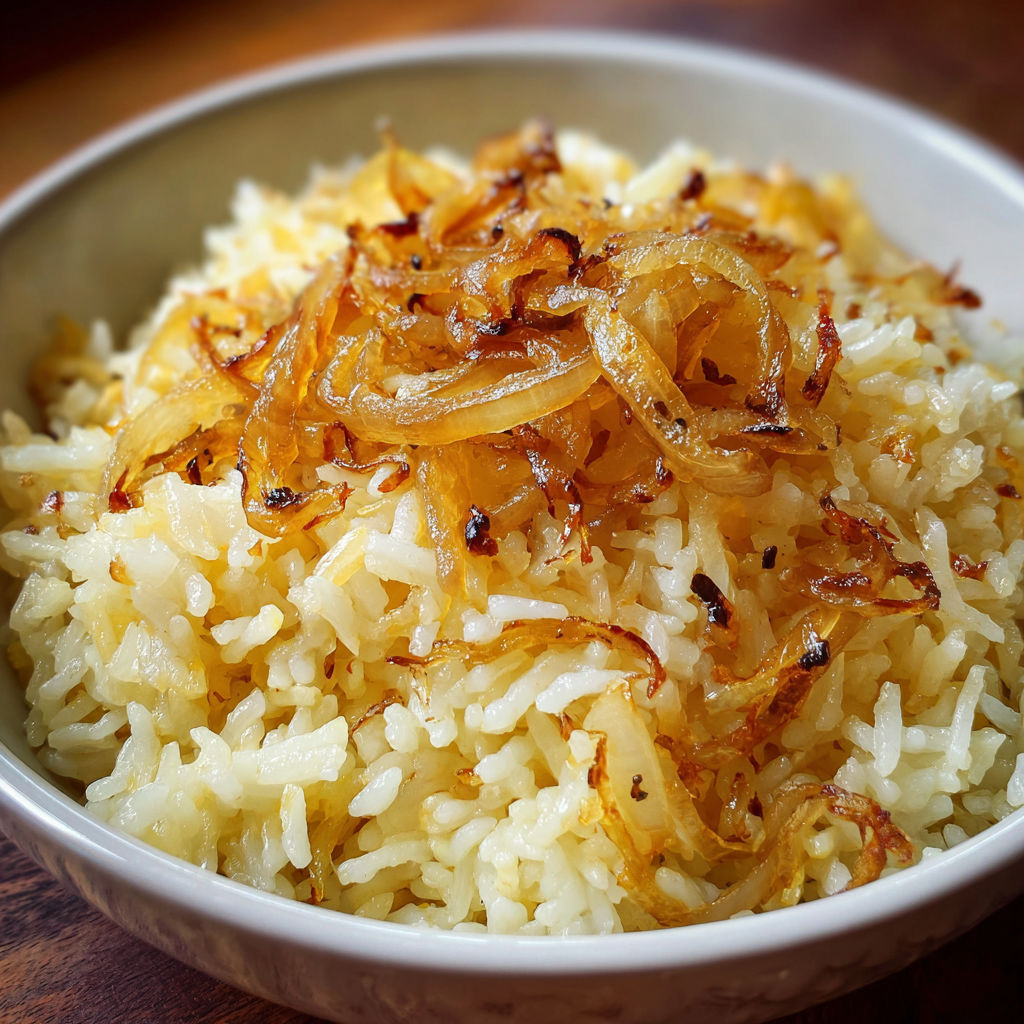 A bowl of rice with onions on top.
