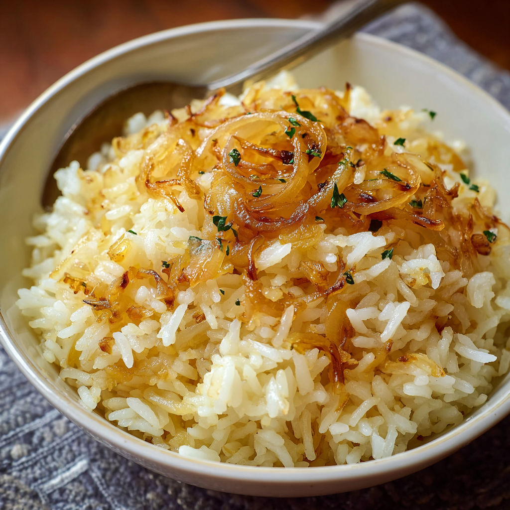 A bowl of rice with onions and herbs on top.