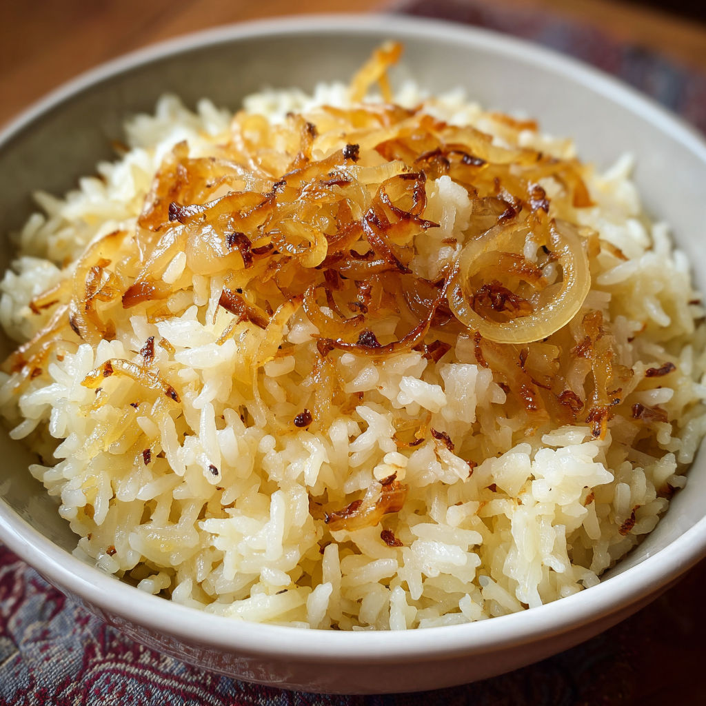 A bowl of rice with onions on top.