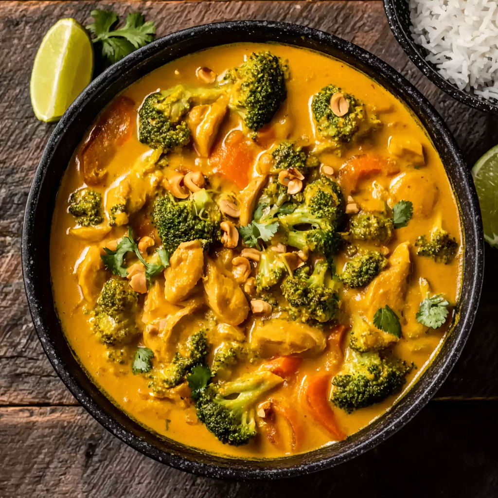 A bowl of soup with broccoli and nuts in it.