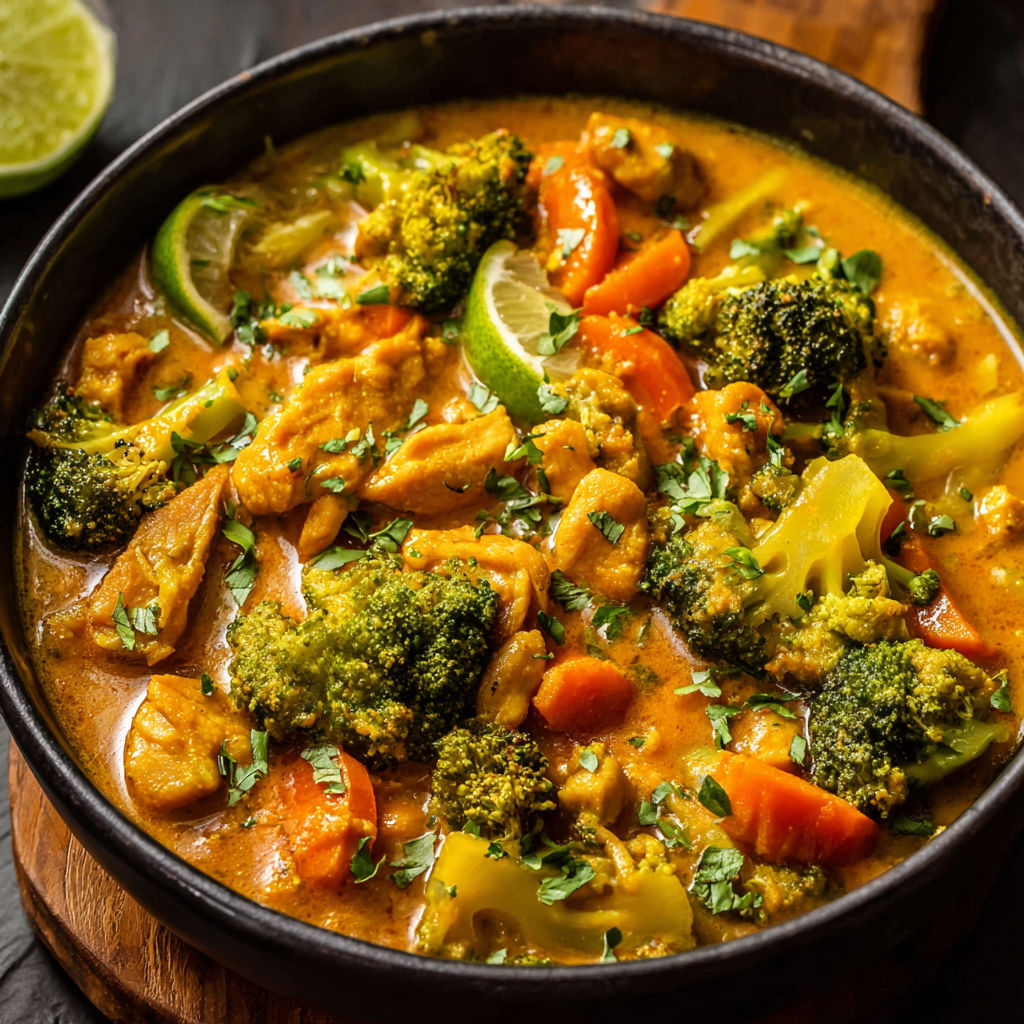 A bowl of chicken and broccoli soup with a spoon in it.