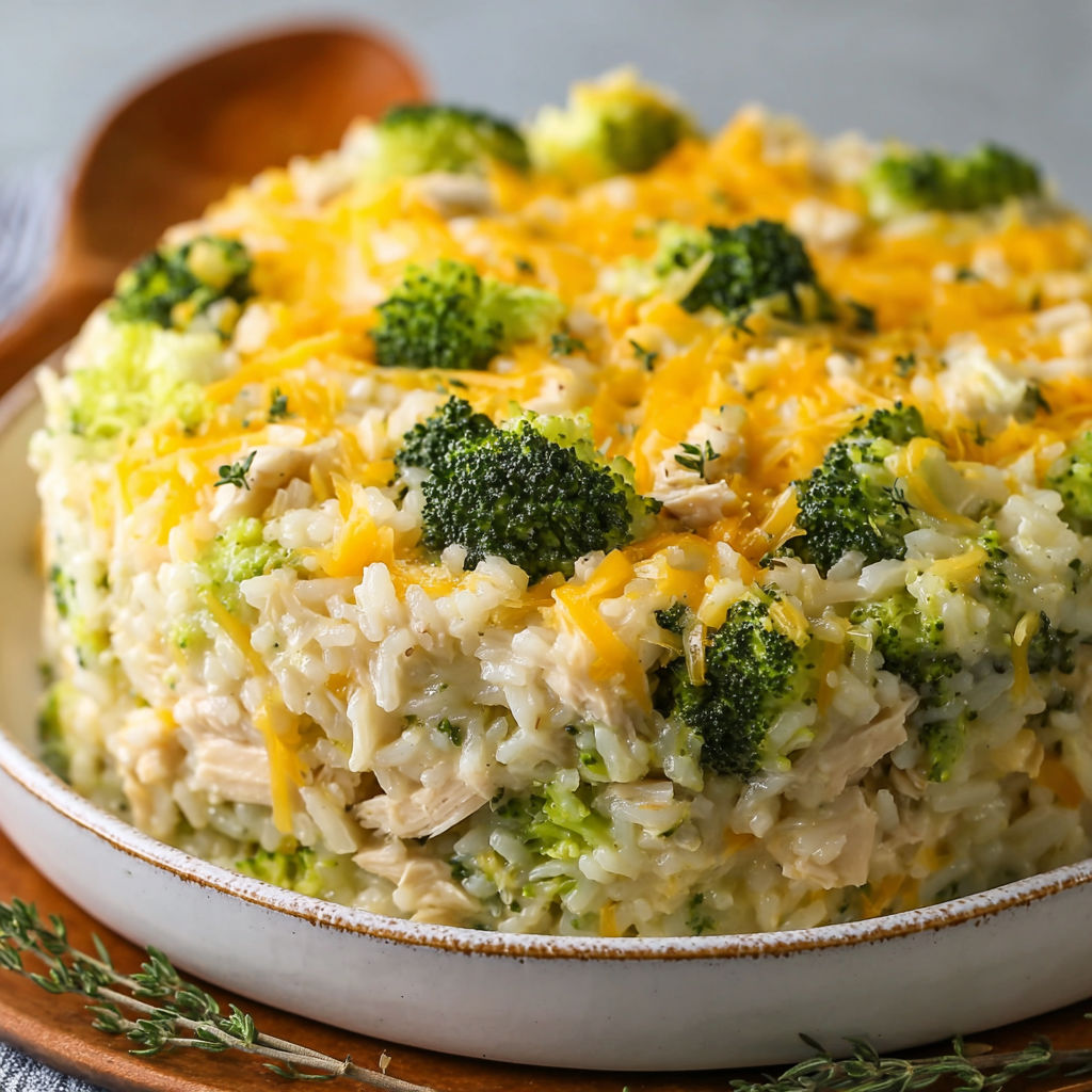 A delicious rice dish with chicken and broccoli, served in a white bowl.