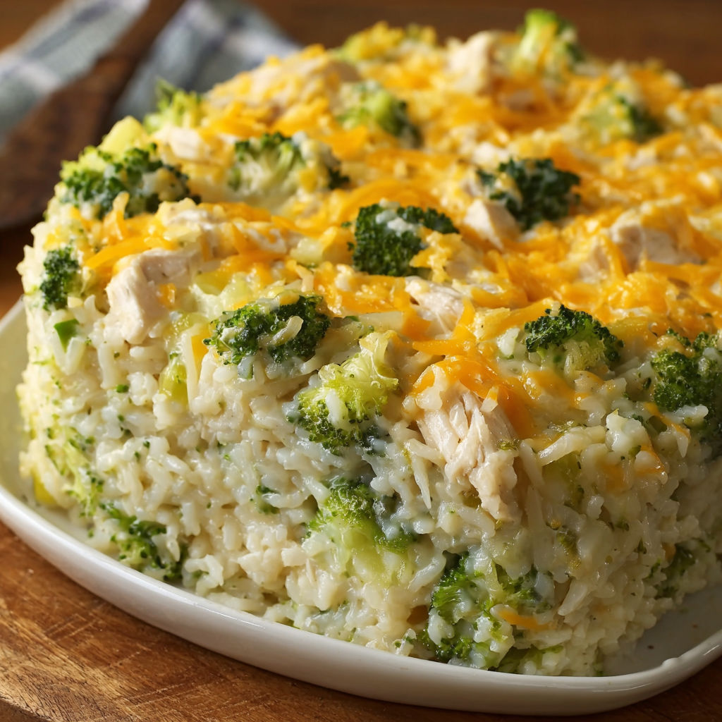 A white plate with a casserole dish containing rice, broccoli, and chicken.