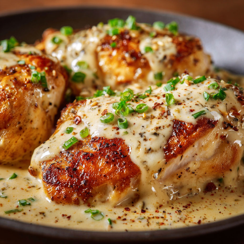 A plate of chicken covered in a creamy sauce, garnished with parsley.