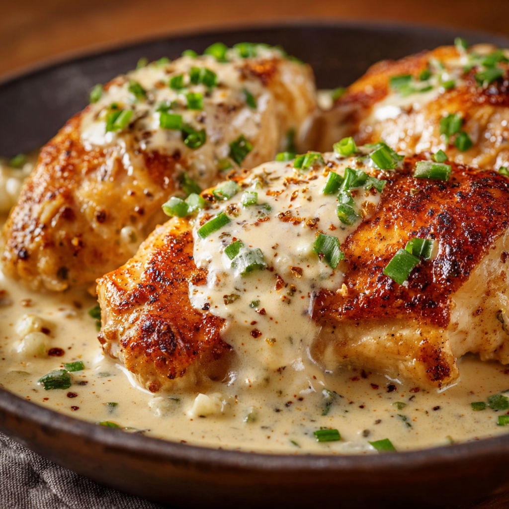 A bowl of chicken covered in a creamy sauce, garnished with green herbs.