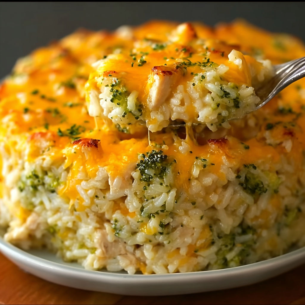 A delicious Broccoli, Rice, Cheese, and Chicken Casserole is served on a white plate.