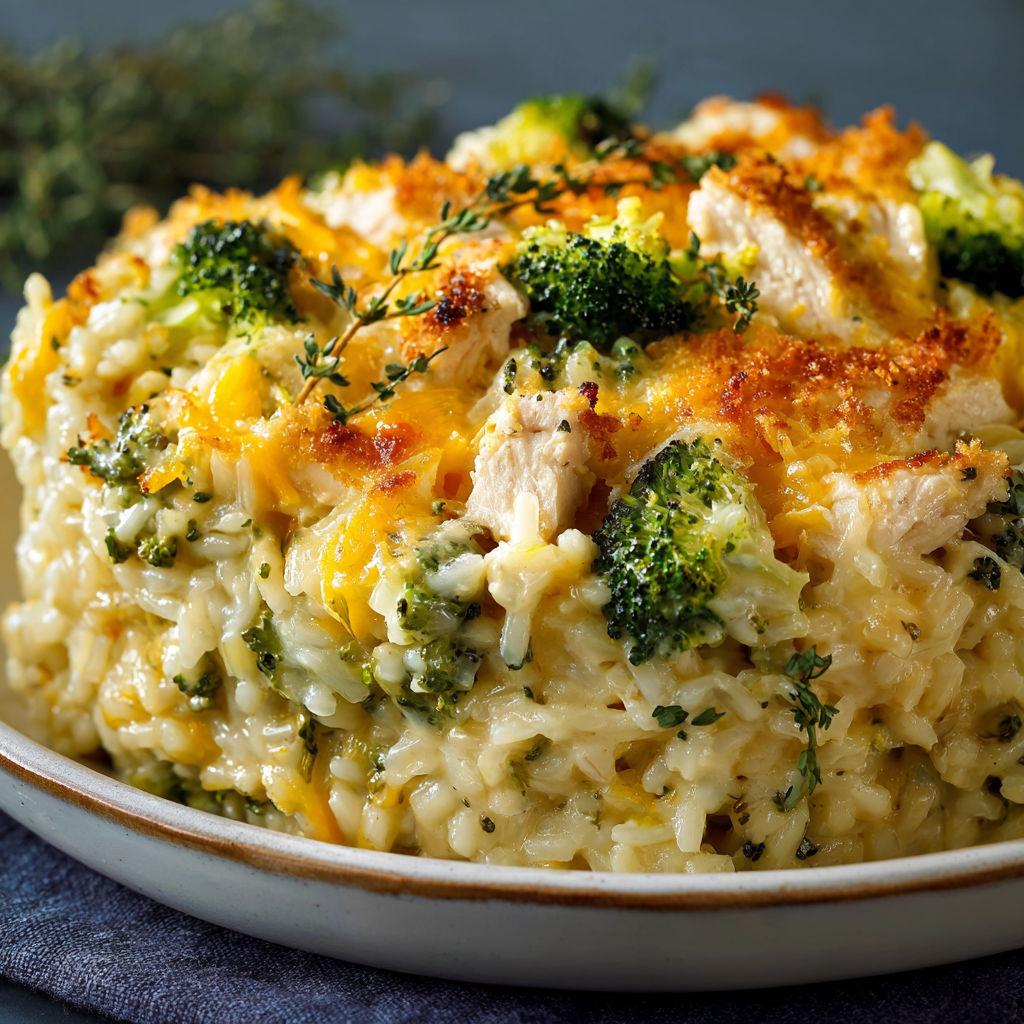 A delicious Broccoli, Rice, Cheese, and Chicken Casserole is served on a plate.