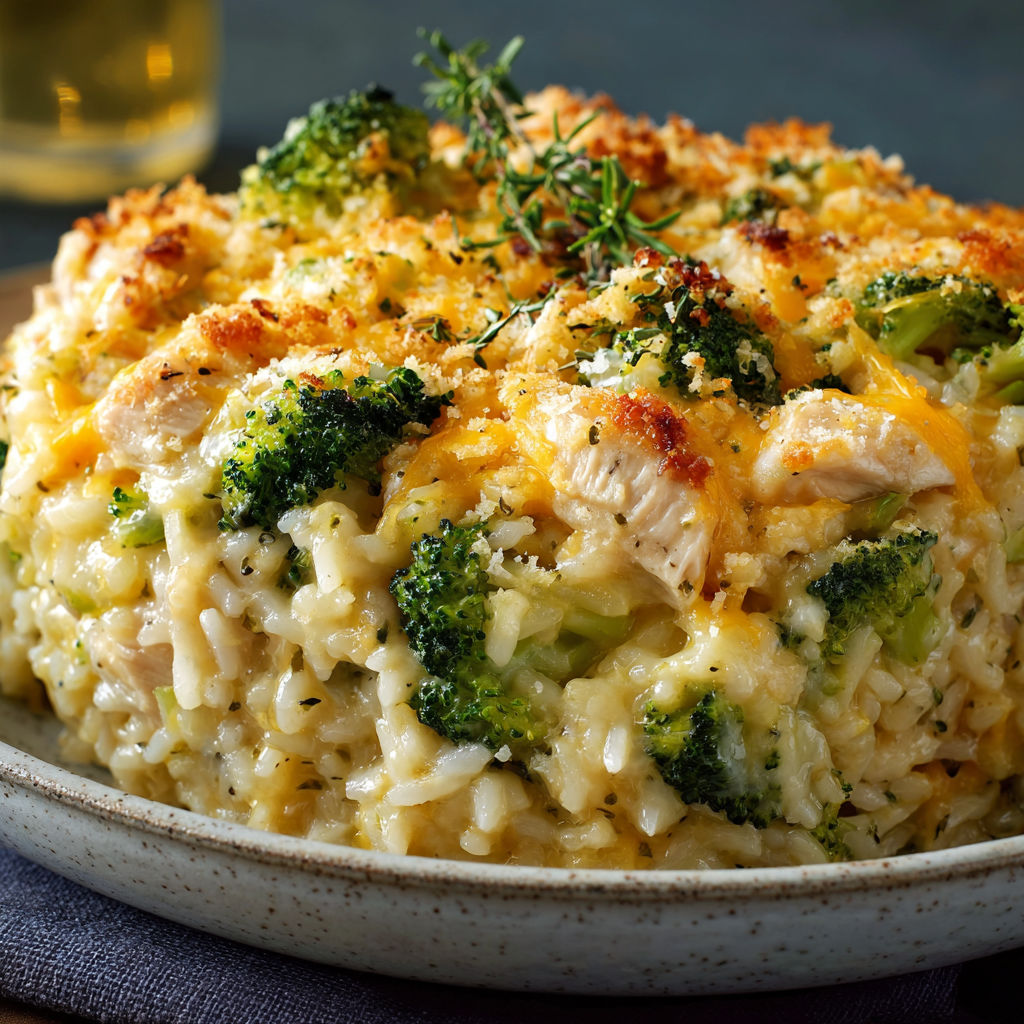 A delicious Broccoli, Rice, Cheese, and Chicken Casserole is served in a bowl.