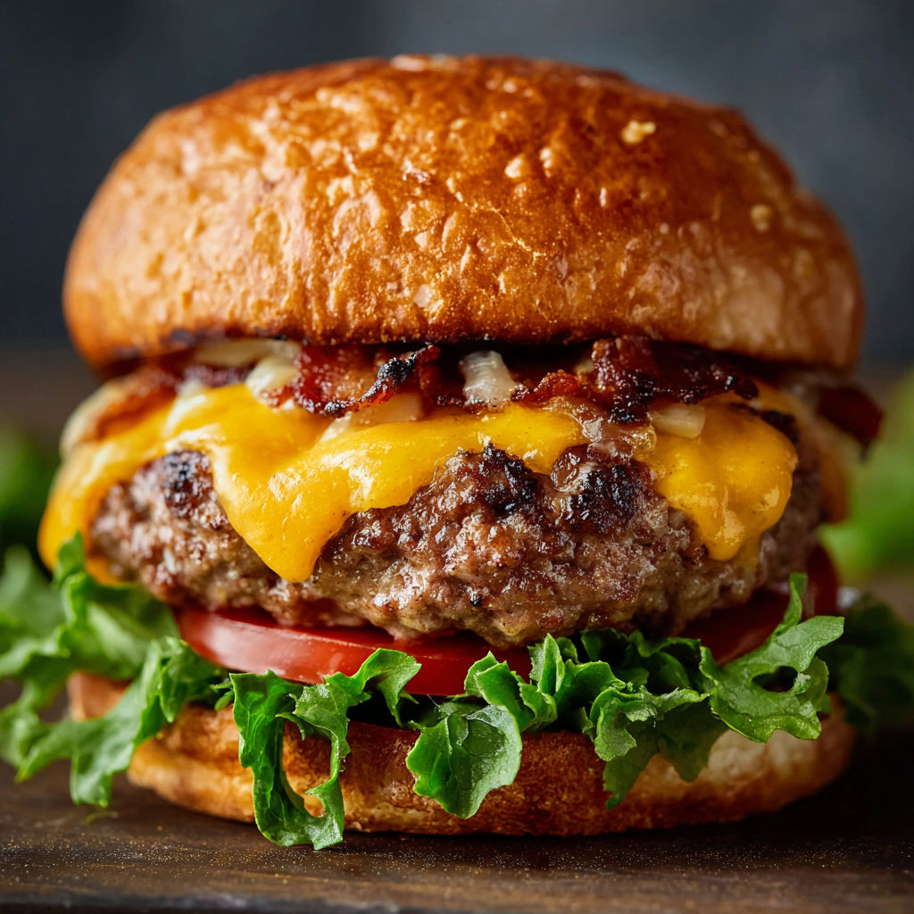 A delicious Crack Burger with cheese, bacon, and tomato on a bun.