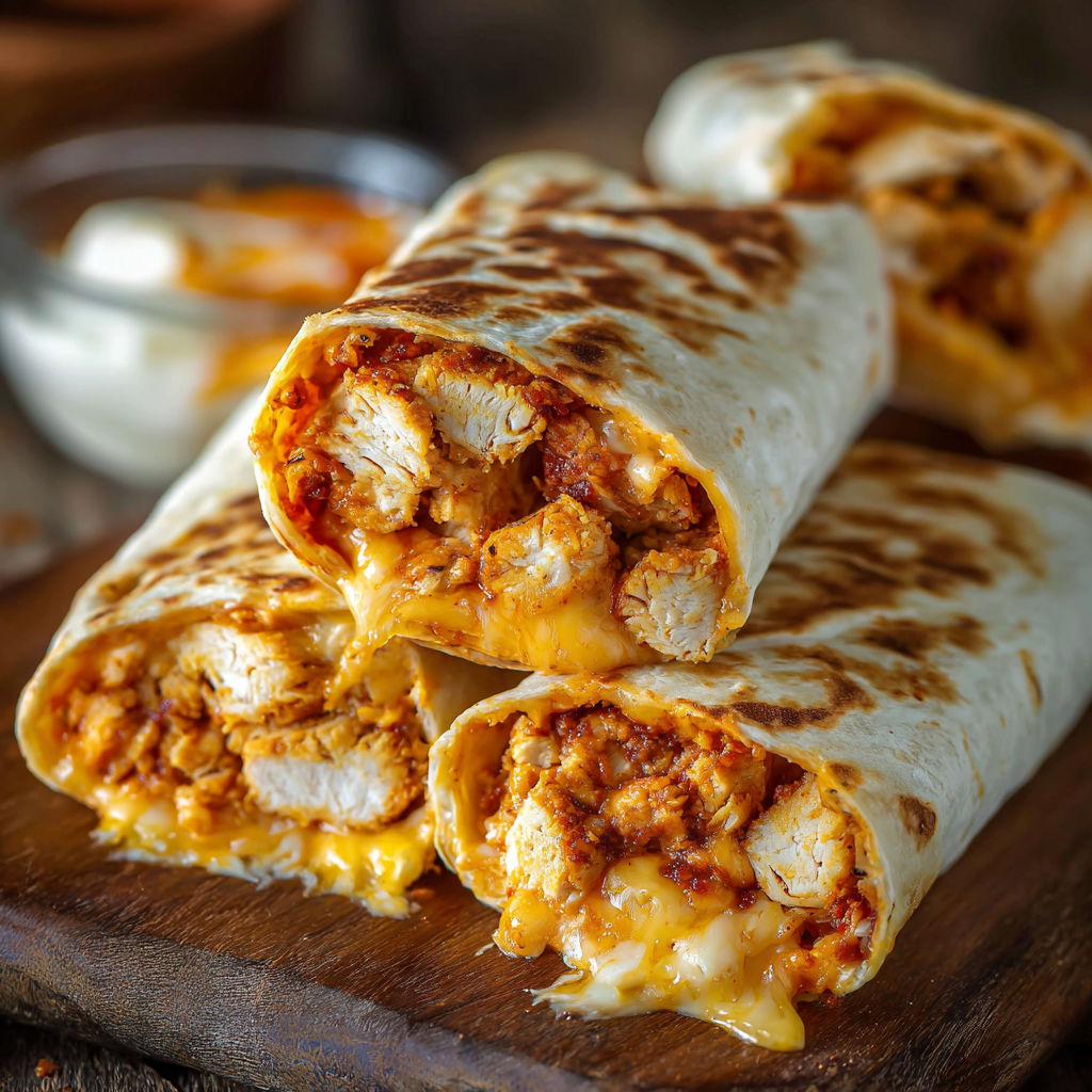 A delicious chicken burrito is served on a wooden platter.