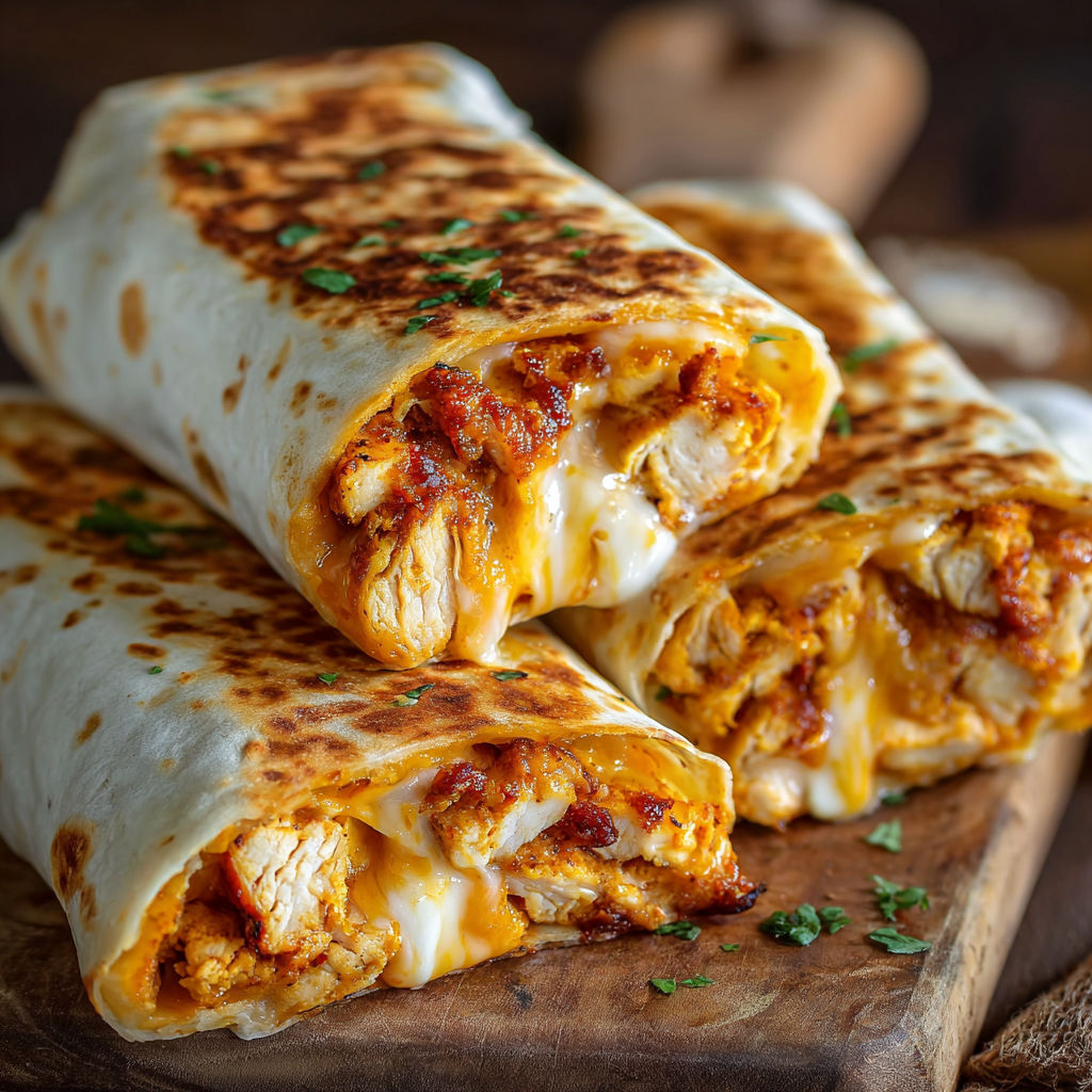 A delicious chicken burrito is served on a wooden cutting board.
