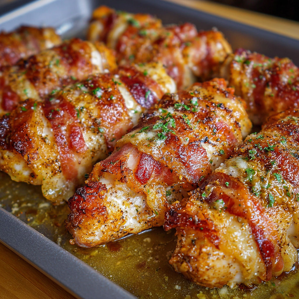 A pan of delicious bacon wrapped chicken with a brown sauce.