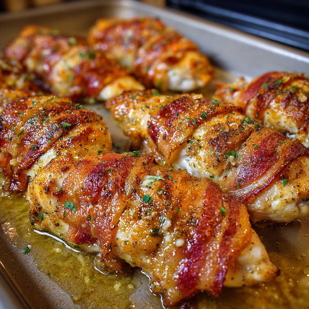 A pan of chicken with bacon wrapped around it, cooking in a sauce.