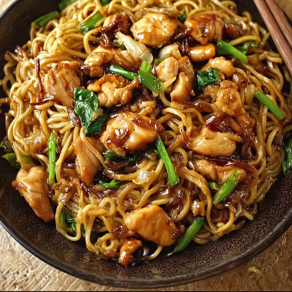 A bowl of Garlic Chicken Lo Mein with chicken, noodles, and green vegetables.