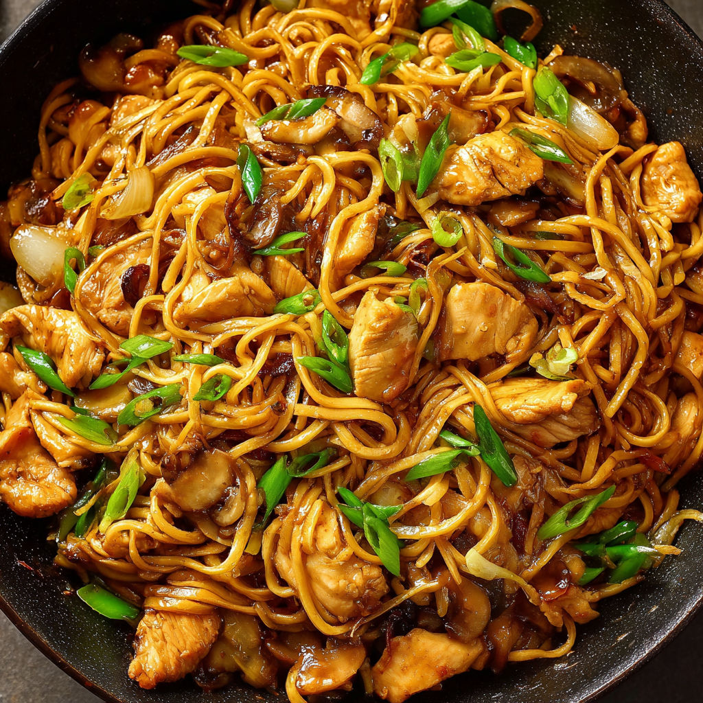 A delicious stir fry dish with chicken, noodles, and vegetables, served in a black bowl.