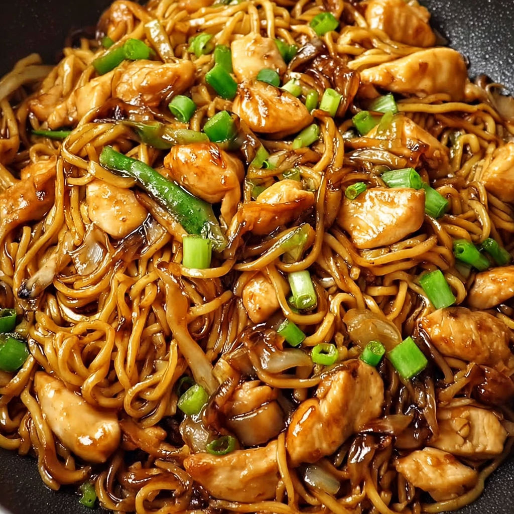 A delicious stir fry with chicken, noodles, and green onions.