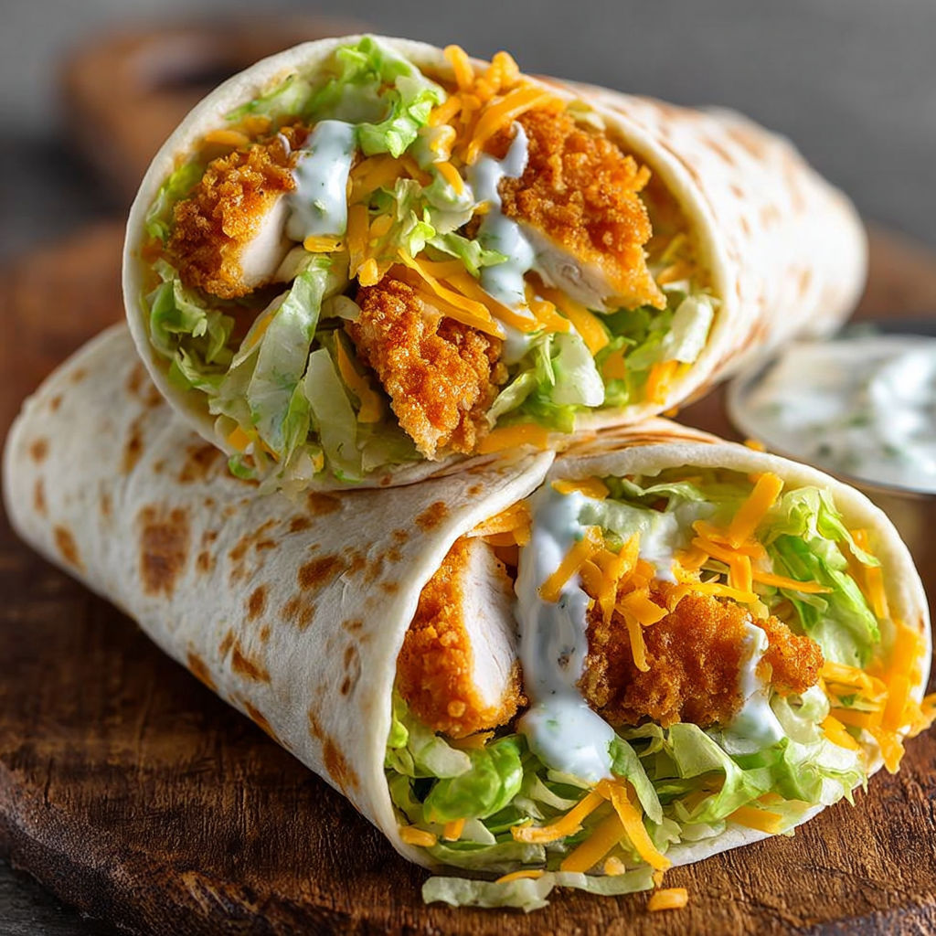 A delicious crispy chicken ranch snack wrap is served on a wooden platter.