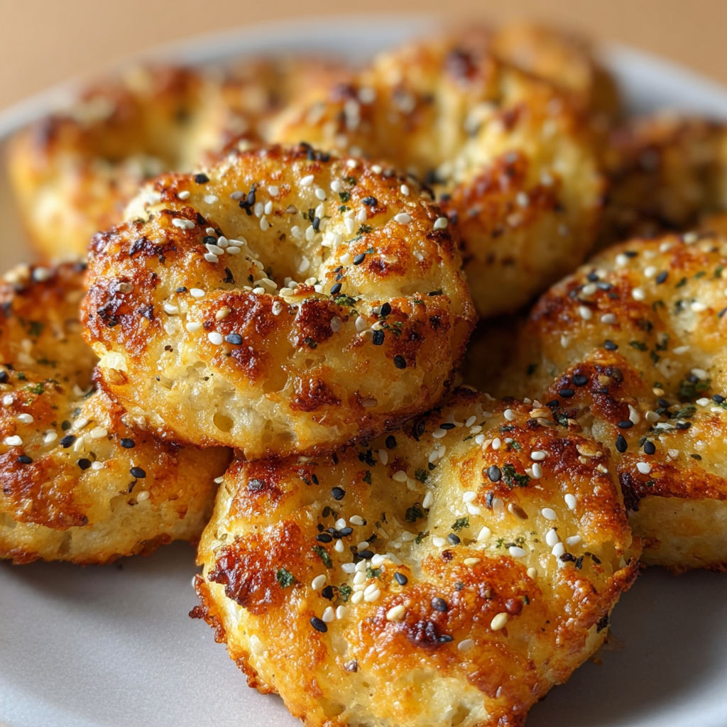 A plate of Cottage Cheese Bagel Bites, topped with sesame seeds, is ready to be enjoyed.