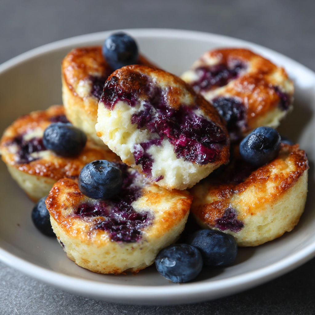 A plate of delicious Blueberry Cottage Cheese Pancake Bites.