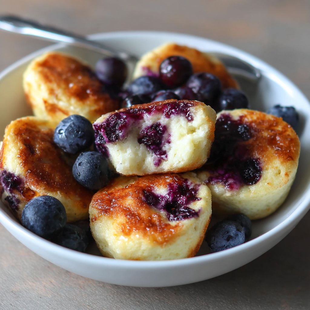 A bowl of blueberry muffins with a spoon in it.
