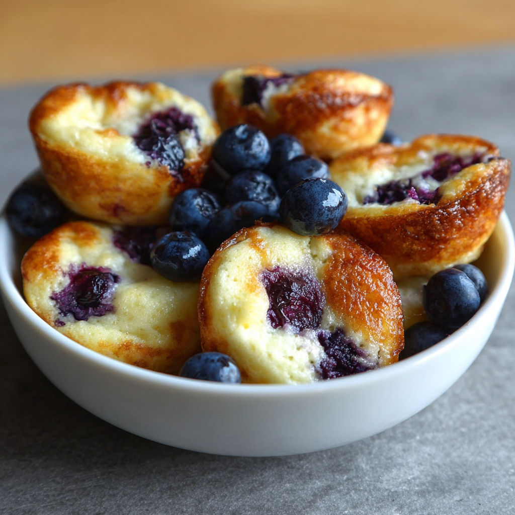 A bowl filled with blueberry muffins and blueberries.