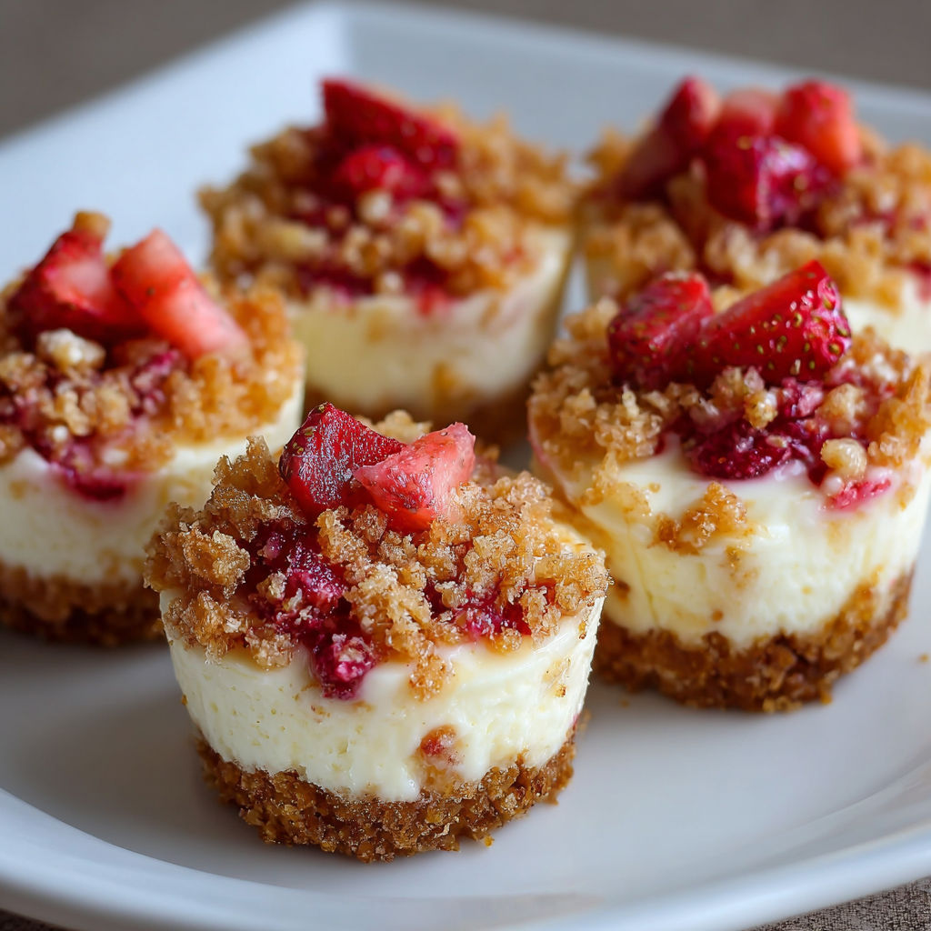 A plate with four desserts, each topped with a strawberry and a crumbly topping, arranged in a square pattern.