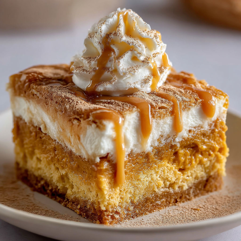 A slice of caramel cake with whipped cream on top.