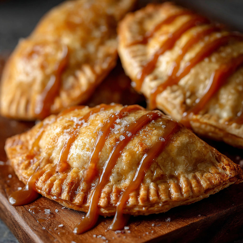 A delicious dessert made with a flaky pastry filled with apples and drizzled with caramel sauce.