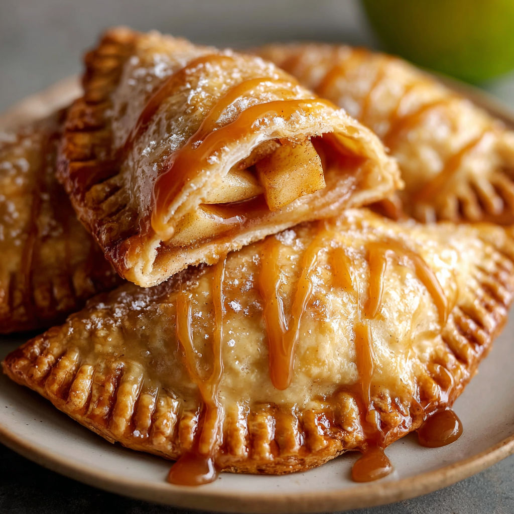 A plate of Caramel Apple Hand Pies, with a close up of one of the pies.