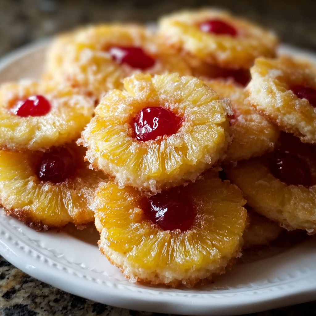 A plate of pineapple upside down cake slices with a white plate.