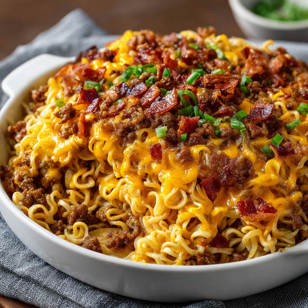 A large bowl of noodles with meat and vegetables, including bacon, is placed on a table.