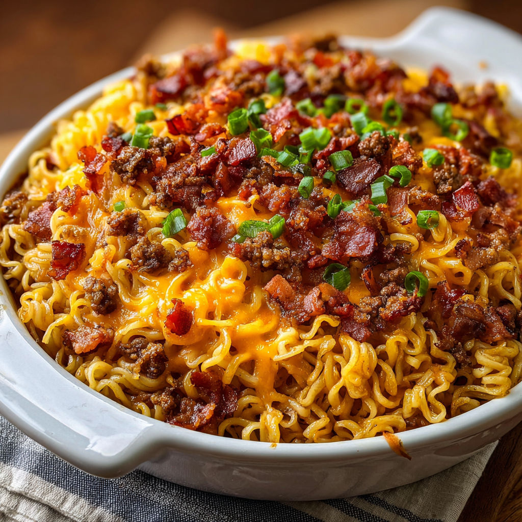 A bowl of noodles with bacon and cheese on top.