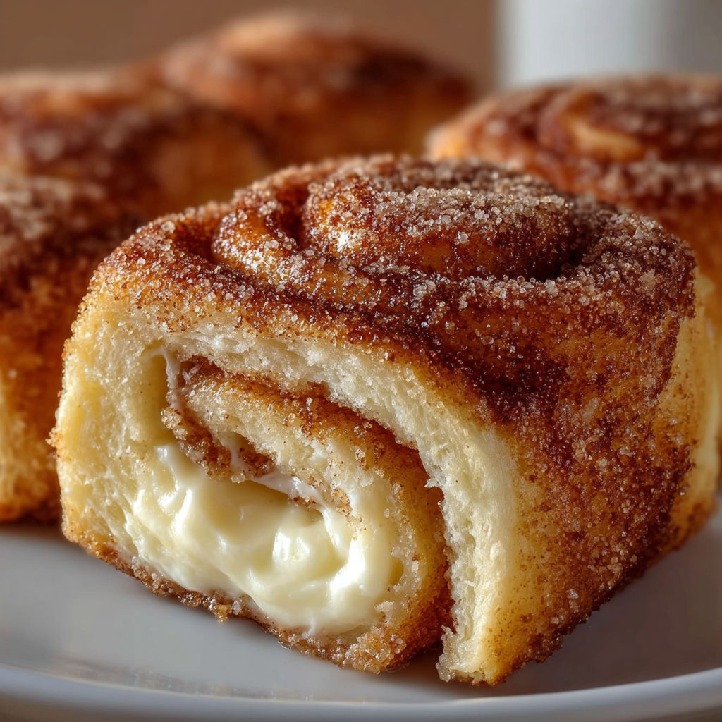 A plate with two cinnamon sugar cream cheese rolls on it.